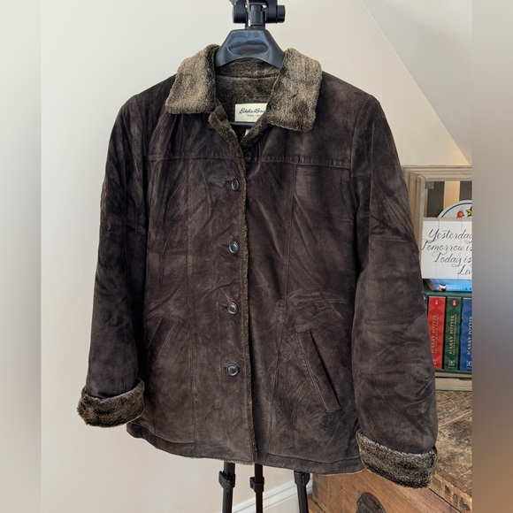Eddie Bauer Dark Brown Suede Jacket with Faux Fur Lining, Medium - Picture 3 of 11